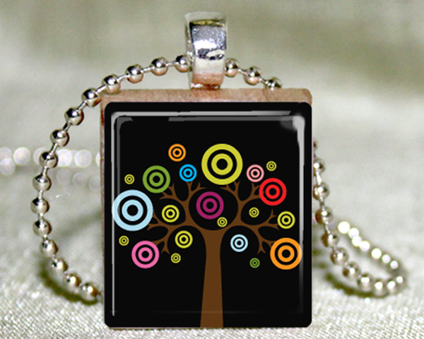 Colorful Tree Scrabble Pendant with Necklace and Matching Gift Tin