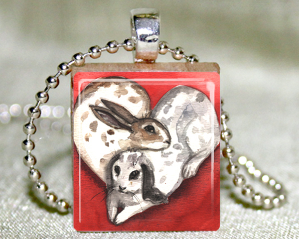 Love Bunnies Scrabble Pendant with Necklace and Matching Gift Tin
