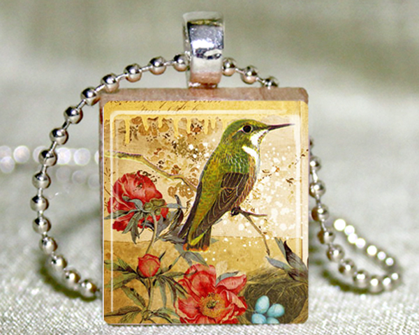 Green Hummingbird Scrabble Tile with Necklace and Matching Gift Tin