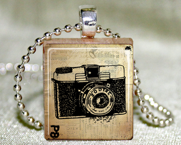 Camera Scrabble Pendant with Necklace and Matching Gift Tin