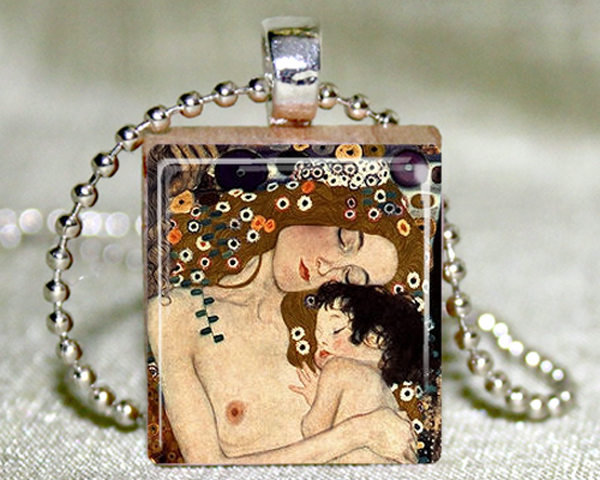 Klimt Mother and Child Scrabble Pendant with Necklace and Matching Gift TIn