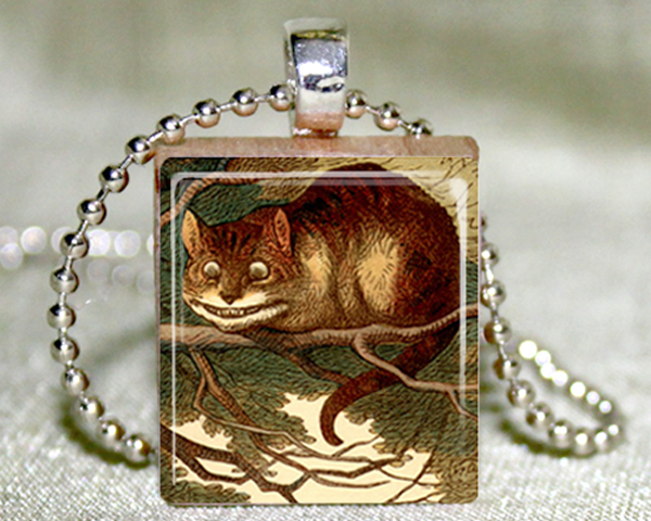Cheshire Cat Scrabble Pendant with Necklace and Matching Gift Tin