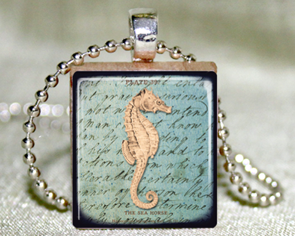 Seahorse Scrabble Pendant with Necklace and Matching Gift Tin