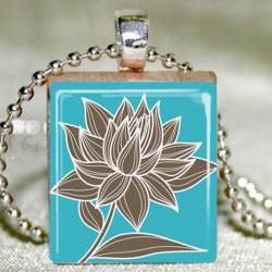 Magnolia on Teal Scrabble Pendant with Necklace and Matching Gift Tin
